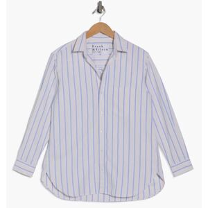 Frank & Eileen Joedy Boyfriend Button-Up Shirt Womens M Beige Blue Stripe Cotton